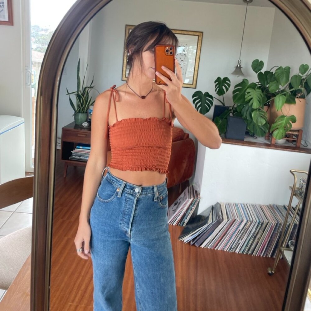 Burnt Orange Ruched Crop Tube Top with Arm Ties